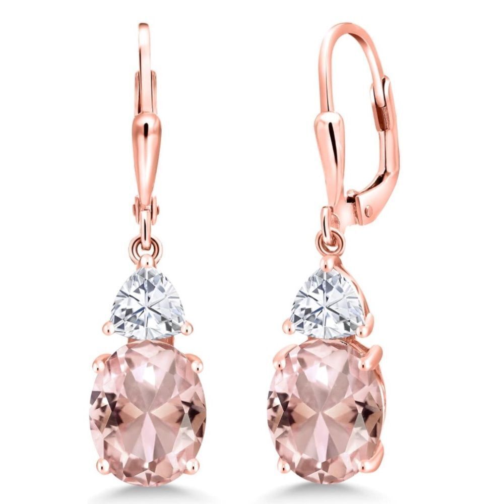 18K Rose Gold with 5.58 Cttw Peach Morganite and White Moissanite Drop Earrings